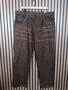 Enrich Denim Jeans 44 x 32 Mens Brown 5 Pocket Relaxed Fit Leather Trim